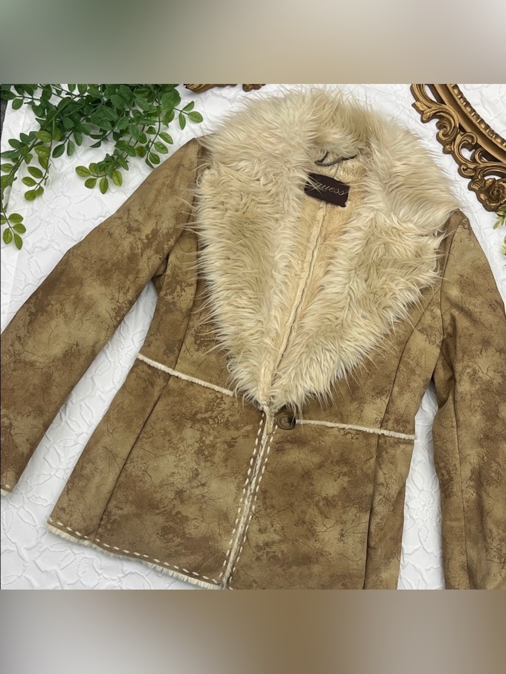 Vintage 90s Y2K Guess Brown Faux Fur Collar Shearling Jacket